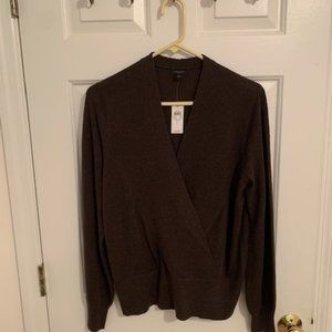 NWT Ann Taylor Factory Brown V Neck Wrap Long Sleeve Sweater Banded Bottom SZ L